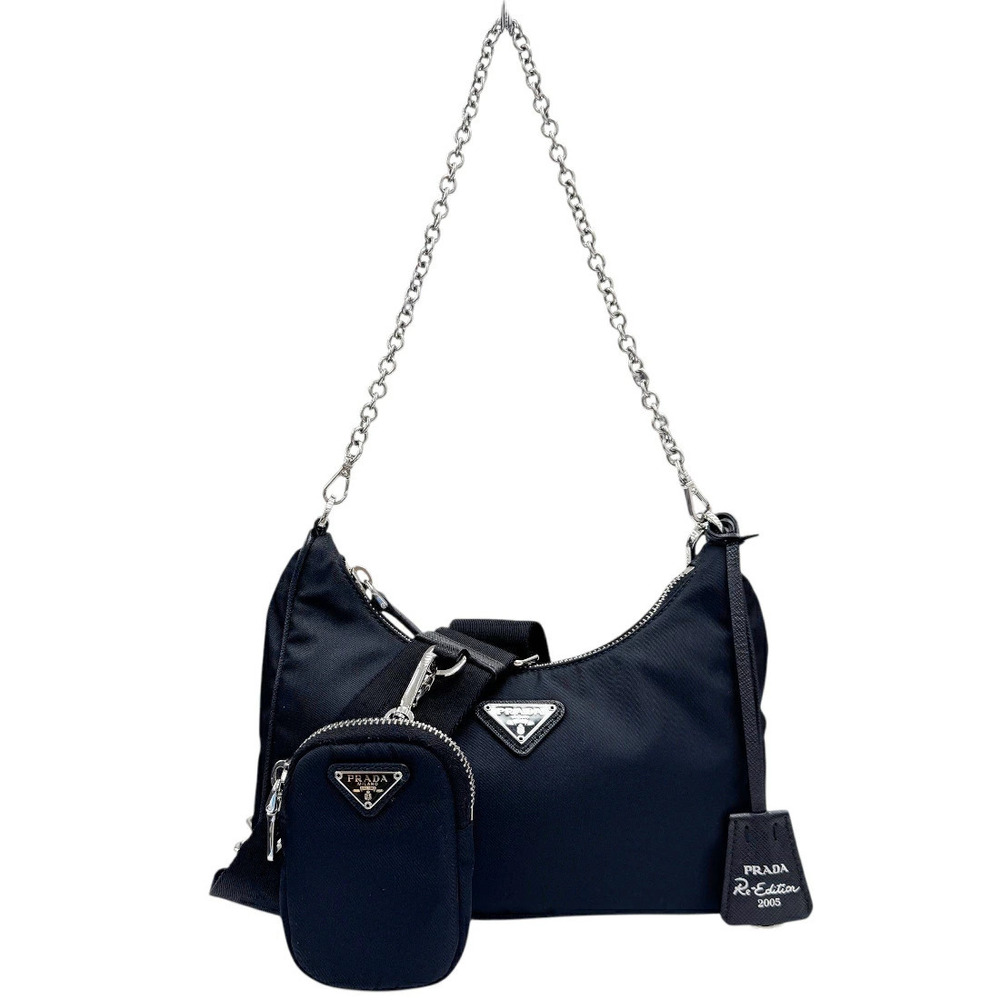 Prada Re Edition Bag Pouch Triangle Plate Embroidered Shoulder Bag Black